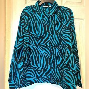 NWOT Susan Graver Teal/Black Animal Print Blouse
